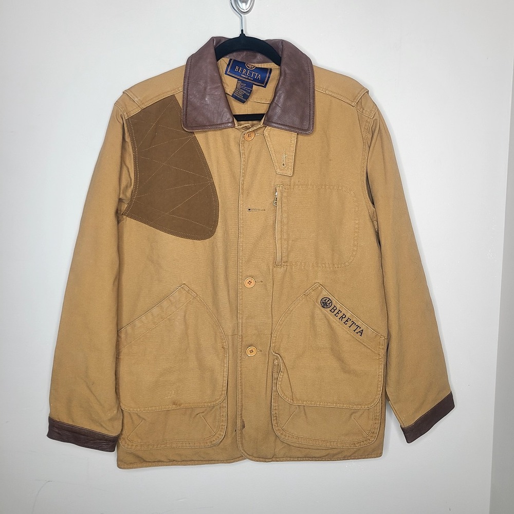 Vtg Beretta Cotton Canvas Hunting Shooting Jacket Leather Collar Saddle Tan S